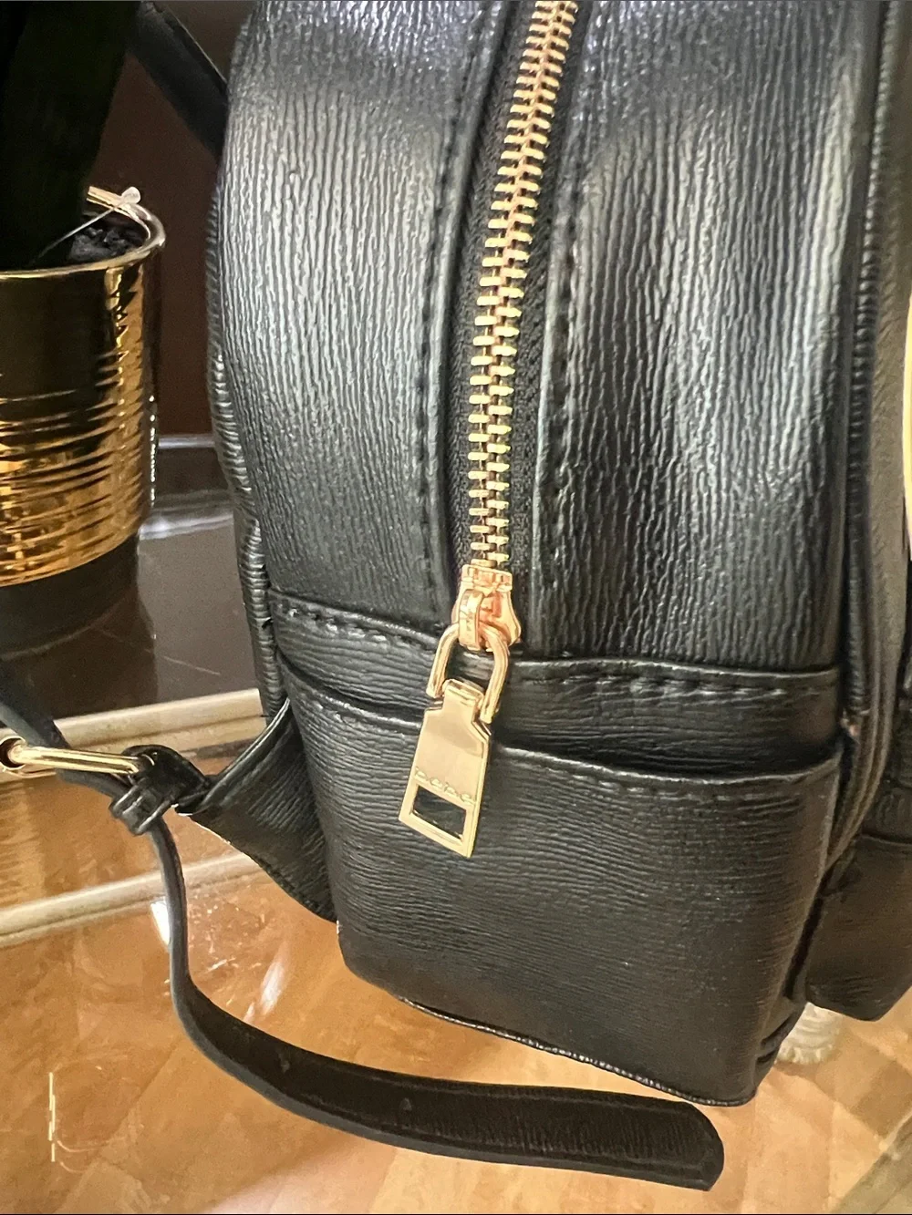 bebe Black Mini Backpack with Gold Script Logo & Chain